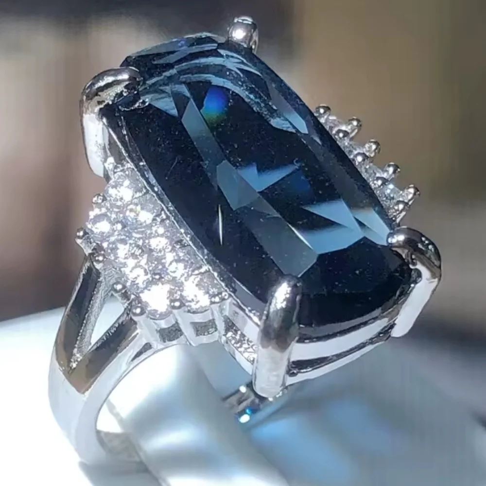 12 Ct 925 Silver Bridal Ring with Deep Blue Lab-created Sapphire Stone Sz 10
